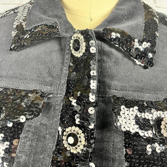 berek | black denim sequin jean jacket with knitted back petite size: MP - Picture 10 of 14